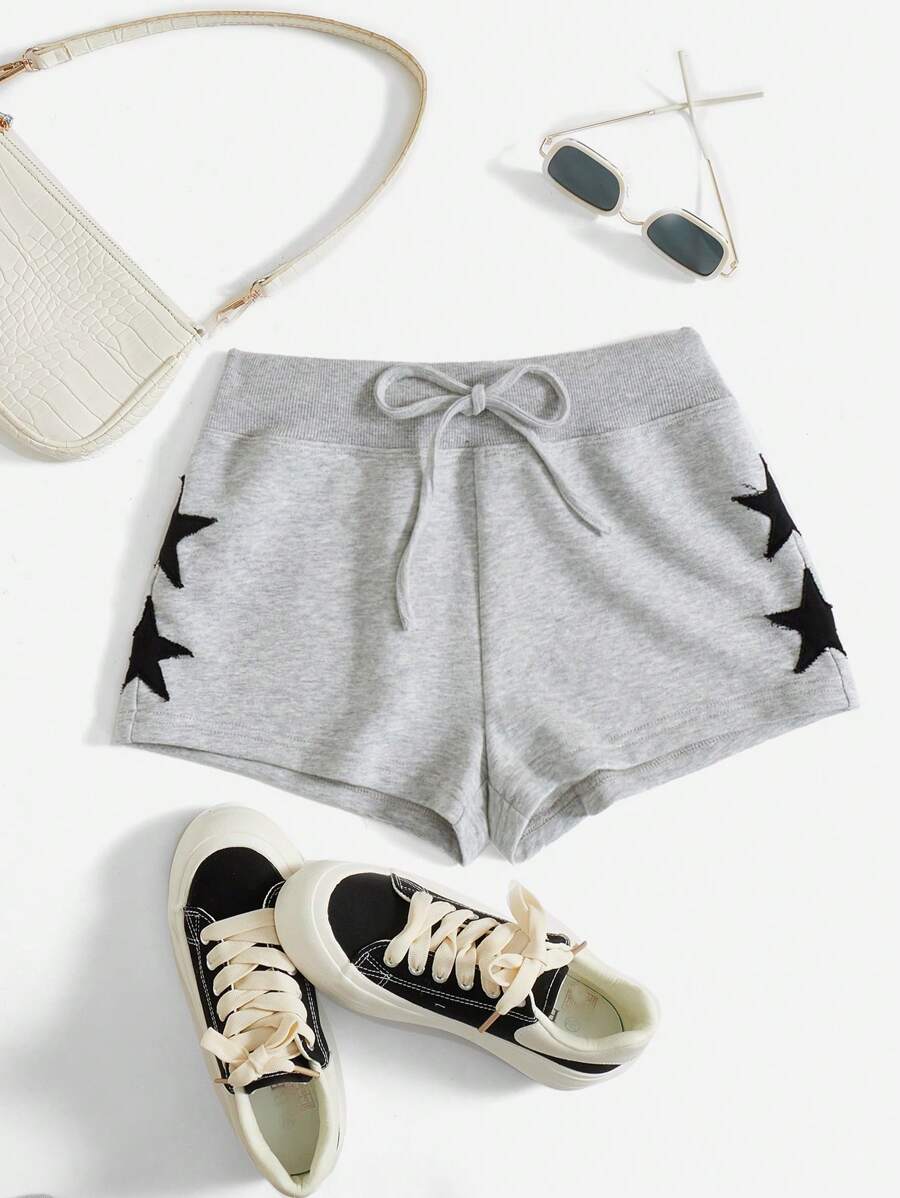 SHEIN EZwear 腰上打結星星補丁貼短褲 - 淺灰色 - 查看 1