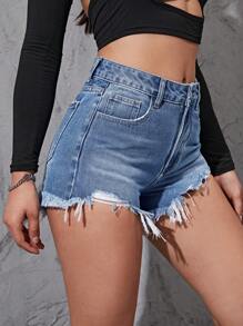 Raw Hem Denim Shorts - Medium Wash - View 4