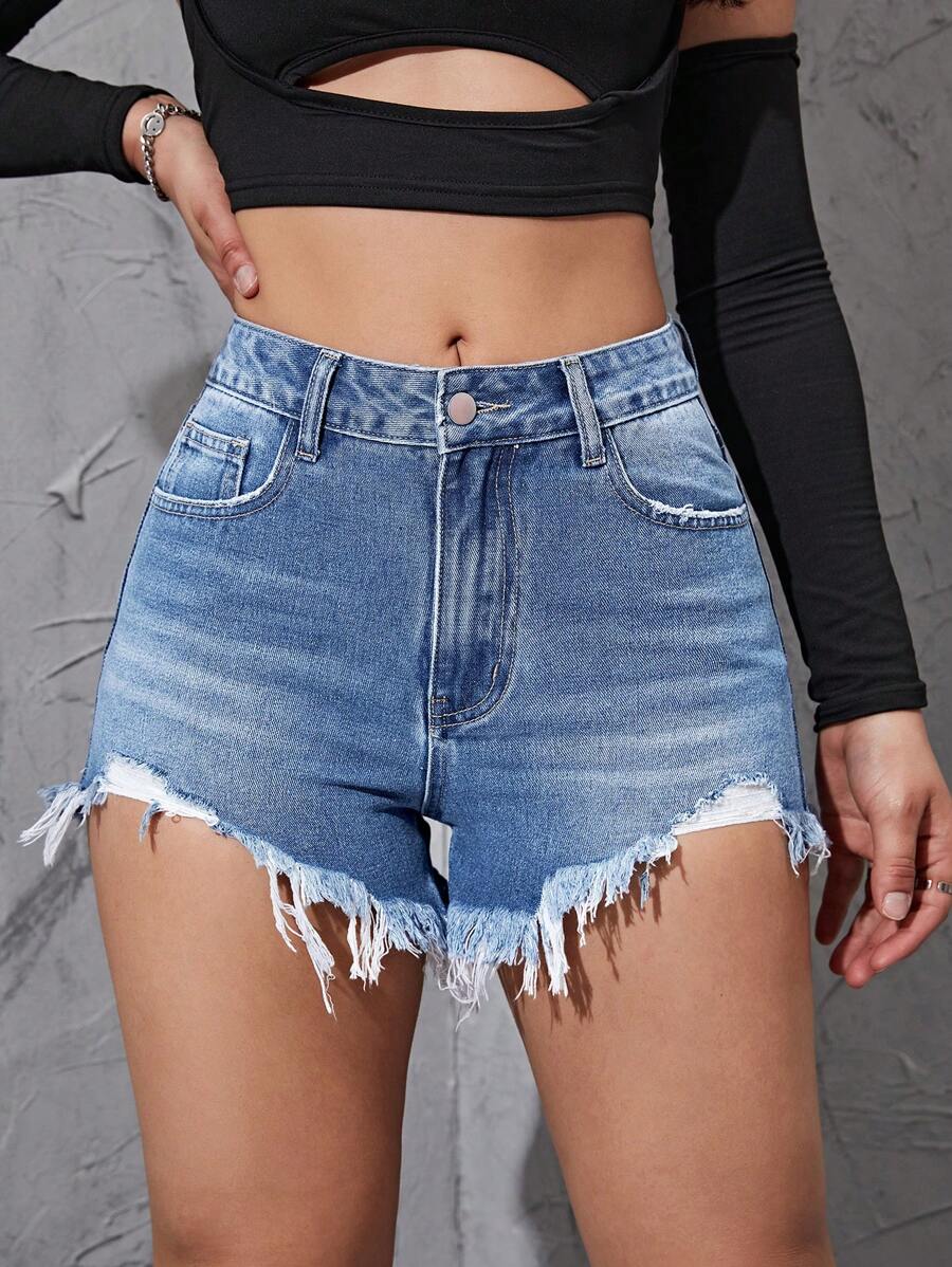 Raw Hem Denim Shorts - Medium Wash - View 1