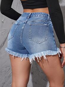 Raw Hem Denim Shorts - Medium Wash - View 3