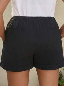 Quần Short kích thước lớn Dây kéo Thắt nút Túi màu trơn Giải trí - màu đen - Xem 2