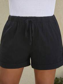 Quần Short kích thước lớn Dây kéo Thắt nút Túi màu trơn Giải trí - màu đen - Xem 5