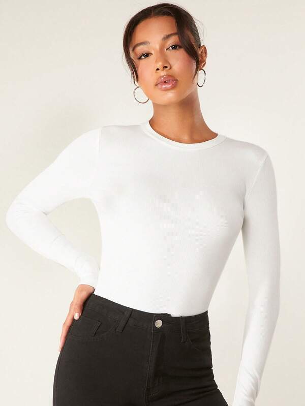 SHEIN BASICS Solid Ribbed Knit Tee