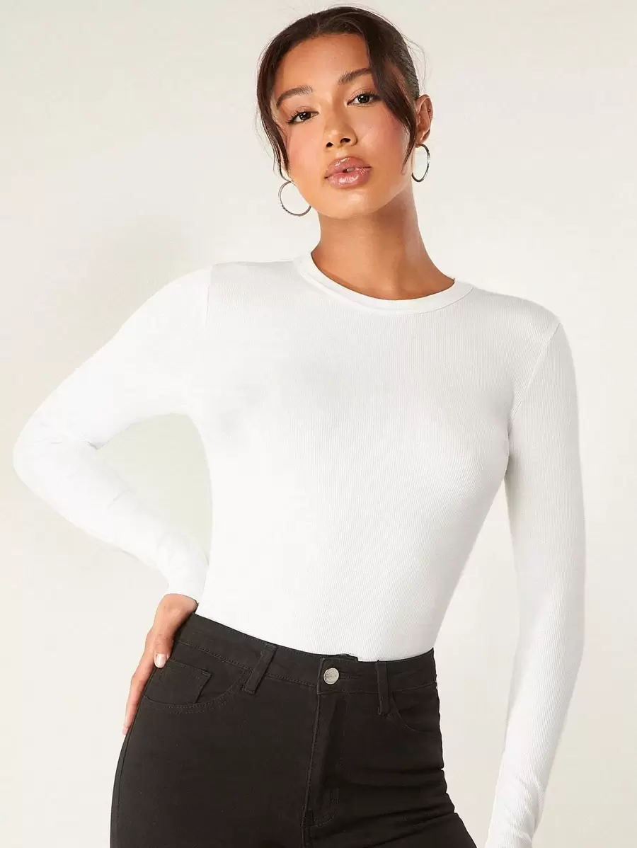 SHEIN BASICS Women Casual Solid Ribbed Knit Long Sleeve Tee - White - View 1