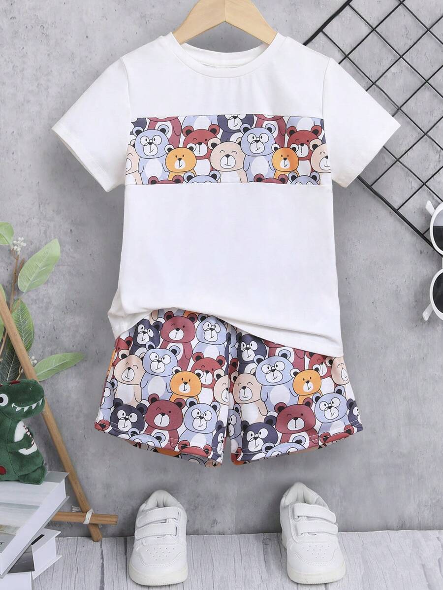 SHEIN 小男童卡通圖案T恤和短褲