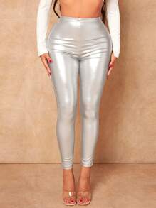 SHEIN SXY 素色PU皮革九分打底褲 - 銀色 - 查看 1