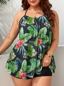 SHEIN Swim Curve Plus Size Tropical Print Swim Dress Summer Beach - Multicolor - View 1