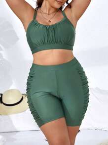 SHEIN Swim Curve 大码单色比基尼套装褶皱胸围无钢圈文胸和短裤 2 件套比基尼夏季海滩 - 綠色 - 查看 4