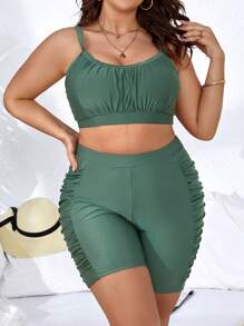 SHEIN Swim Curve 大码单色比基尼套装褶皱胸围无钢圈文胸和短裤 2 件套比基尼夏季海滩 - 綠色 - 查看 6