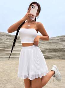 SHEIN EZwear Solid High Waist Pleated Skirt