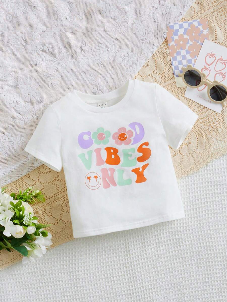 SHEIN Tops em bé Hoạt hình Slogan - trắng - Xem 1