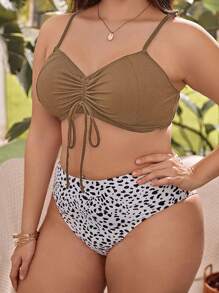 Cộng với kích thước bộ áo bikini Dây kéo màu trơn - Cà phê nâu - Xem 3