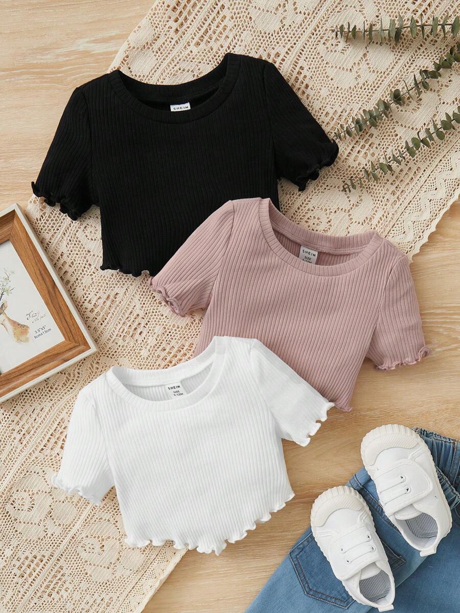 SHEIN Đứa bé gái 3pcs Ren Mộc nhĩ Đồ đan Ribbed Áo thun - Bụi hồng - Xem 1