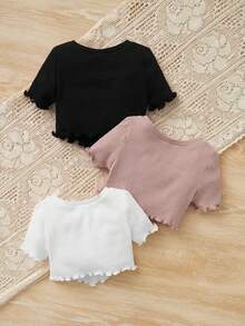 SHEIN Đứa bé gái 3pcs Ren Mộc nhĩ Đồ đan Ribbed Áo thun - Bụi hồng - Xem 2