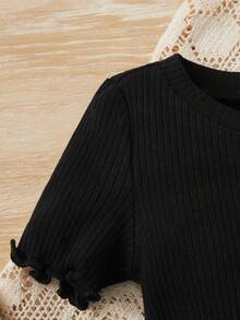 SHEIN Đứa bé gái 3pcs Ren Mộc nhĩ Đồ đan Ribbed Áo thun - Bụi hồng - Xem 3