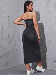 SHEIN EZwear Váy denim nữ Dây kéo Tách cao màu trơn Giải trí - màu đen - Xem 2