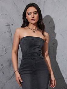 SHEIN EZwear Váy denim nữ Dây kéo Tách cao màu trơn Giải trí - màu đen - Xem 3