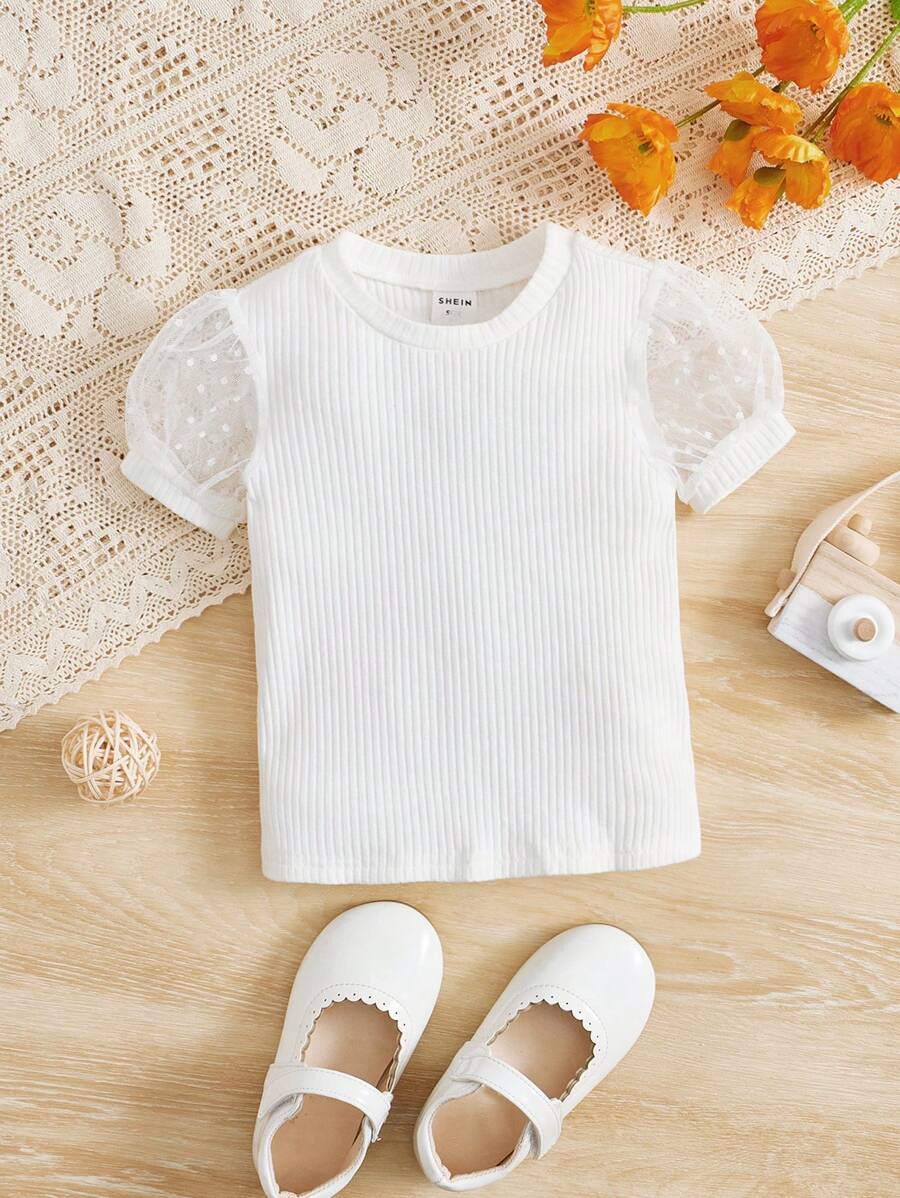 SHEIN Baby Girl Contrast Mesh Puff Sleeve Tee