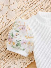 SHEIN Robe à manches courtes en tricot avec imprimé floral décontracté pour bébé fille - Blanc - Voir 4