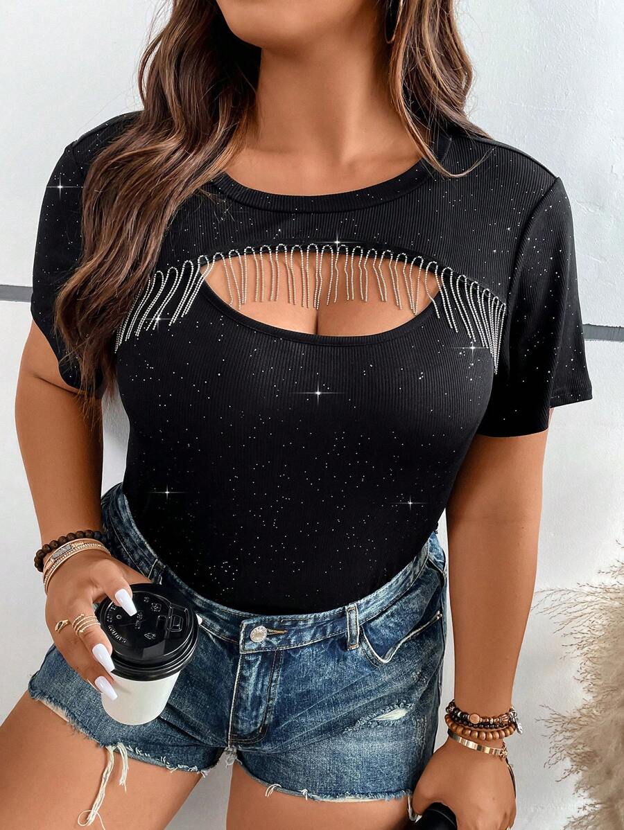 SHEIN Holidaya Plus Cut Out Fringe Trim Tee - Black - View 1
