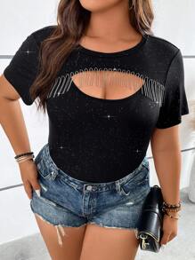 SHEIN Holidaya Plus Cut Out Fringe Trim Tee - Black - View 3