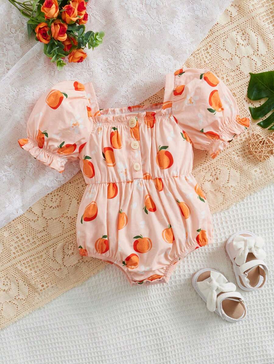 SHEIN 嬰兒橙子圖案泡泡袖褶邊連身背心 - 彩色 - 查看 1