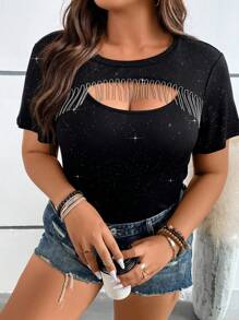 SHEIN Holidaya Plus Cut Out Fringe Trim Tee - Black - View 5
