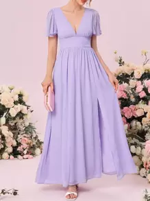 SHEIN Belle Váy phù dâu Lộ Lưng Buộc lại Dây kéo Tách cao màu trơn - Màu Lilac Tím - Xem 1