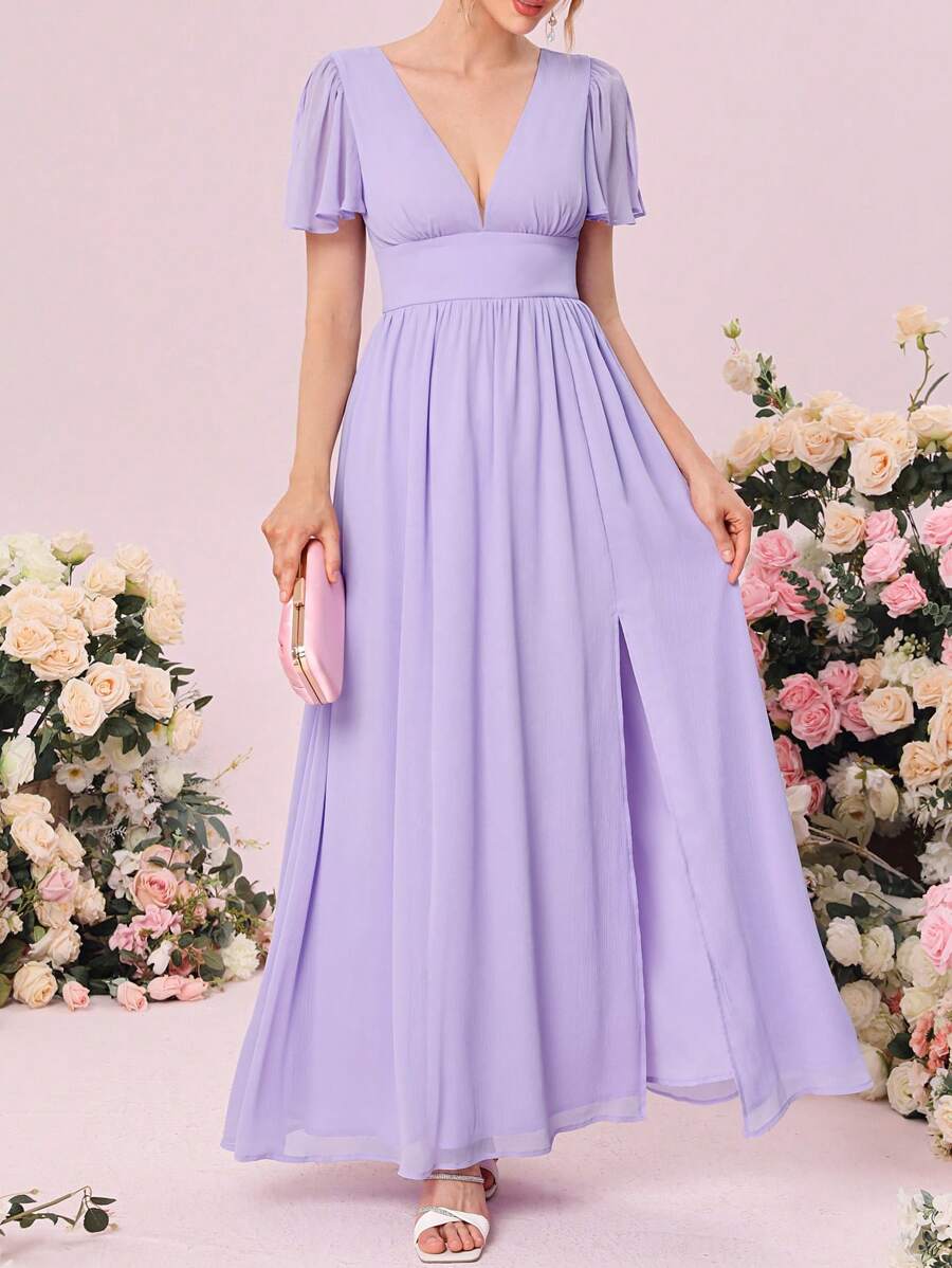 SHEIN Belle Váy phù dâu Lộ Lưng Buộc lại Dây kéo Tách cao màu trơn - Màu Lilac Tím - Xem 1