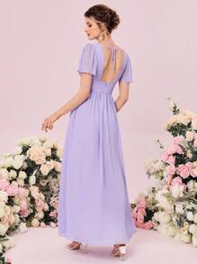 SHEIN Belle Váy phù dâu Lộ Lưng Buộc lại Dây kéo Tách cao màu trơn - Màu Lilac Tím - Xem 2