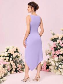 SHEIN Belle Váy phù dâu Bất đối xứng Xù Trọn gói Dây kéo màu trơn - Màu Lilac Tím - Xem 2