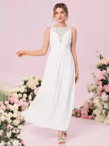 SHEIN Belle 蕾絲拼接無袖A字型婚紗洋裝 - 白色 - 查看 3