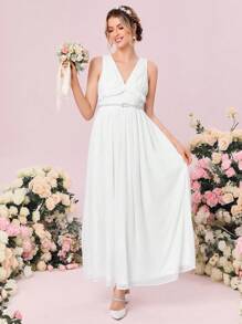 SHEIN Belle Váy cưới Vắt viền lá sen Xù Dây kéo màu trơn - trắng - Xem 1