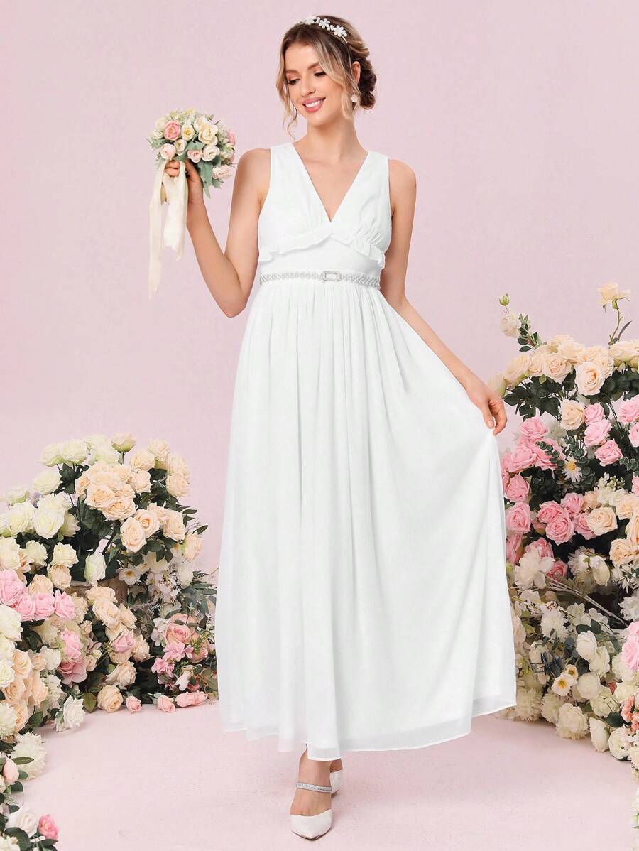 SHEIN Belle Váy cưới Vắt viền lá sen Xù Dây kéo màu trơn - trắng - Xem 1