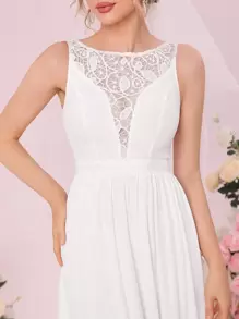 SHEIN Belle 蕾絲拼接無袖A字型婚紗洋裝 - 白色 - 查看 4