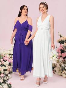 SHEIN Belle Váy cưới Vắt viền lá sen Xù Dây kéo màu trơn - trắng - Xem 2