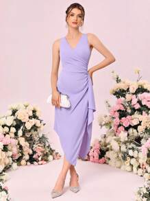 SHEIN Belle Váy phù dâu Bất đối xứng Xù Trọn gói Dây kéo màu trơn - Màu Lilac Tím - Xem 5
