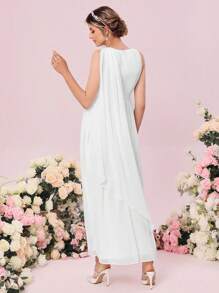 SHEIN Belle Váy cưới Vắt viền lá sen Xù Dây kéo màu trơn - trắng - Xem 3