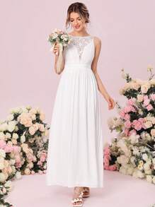 SHEIN Belle 蕾絲拼接無袖A字型婚紗洋裝 - 白色 - 查看 1