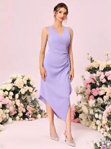 SHEIN Belle Váy phù dâu Bất đối xứng Xù Trọn gói Dây kéo màu trơn - Màu Lilac Tím - Xem 6