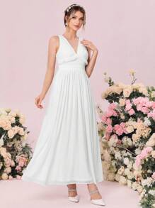 SHEIN Belle Váy cưới Vắt viền lá sen Xù Dây kéo màu trơn - trắng - Xem 4