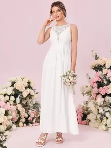 SHEIN Belle 蕾絲拼接無袖A字型婚紗洋裝 - 白色 - 查看 6