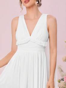 SHEIN Belle Váy cưới Vắt viền lá sen Xù Dây kéo màu trơn - trắng - Xem 5