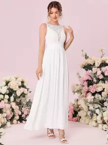 SHEIN Belle 蕾絲拼接無袖A字型婚紗洋裝 - 白色 - 查看 7