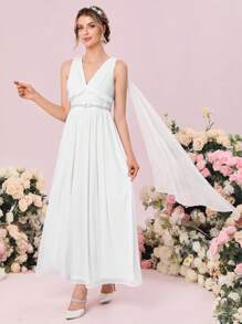 SHEIN Belle Váy cưới Vắt viền lá sen Xù Dây kéo màu trơn - trắng - Xem 6