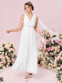 SHEIN Belle Váy cưới Vắt viền lá sen Xù Dây kéo màu trơn - trắng - Xem 7