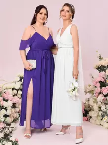 SHEIN Belle Váy cưới Vắt viền lá sen Xù Dây kéo màu trơn - trắng - Xem 8