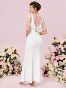 SHEIN Belle Floral Embroidery Mesh Mermaid Hem Satin Wedding Dress - White - View 2