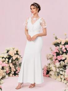 SHEIN Belle Floral Embroidery Mesh Mermaid Hem Satin Wedding Dress - White - View 3