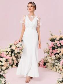 SHEIN Belle Floral Embroidery Mesh Mermaid Hem Satin Wedding Dress - White - View 4